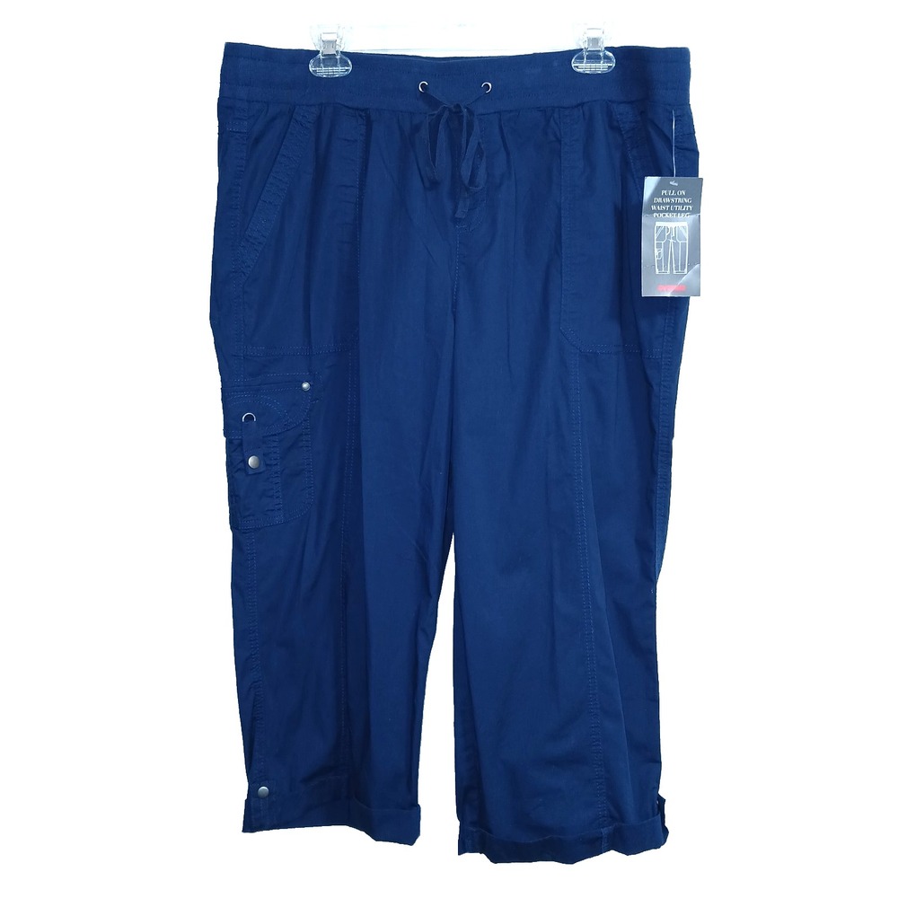 Avenue Poplin Cotton PullOn Utility Capri Pant Women 16 Blue Roll Tab Leg Pocket